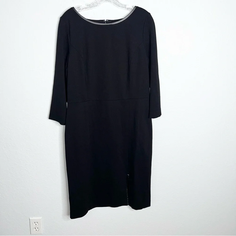 Talbots Dress Women Size 12 Black Slit Front Leather Trim Long Sleeve B10